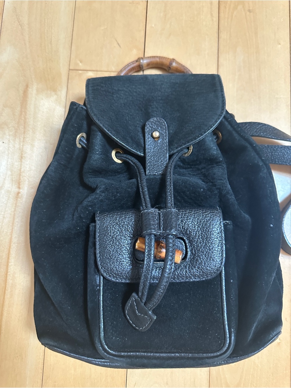 Gucci Black Suede & Leather Backpack with Bamboo Handle Accent